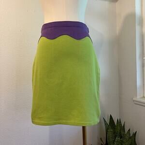Vintage 90s Lime Green Wavy Purple Elastic Waist Mini Skirt Size Large